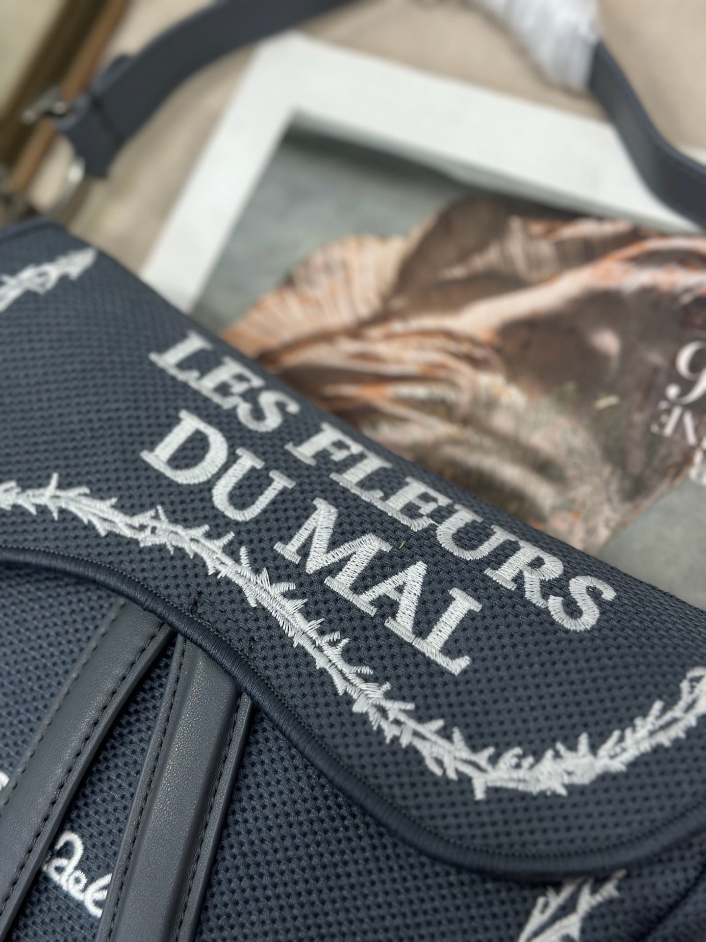 DIOR 26S SADDLE BAG 25 IN DARK BLUE AND WHITE EMBROIDERED JACQUARD