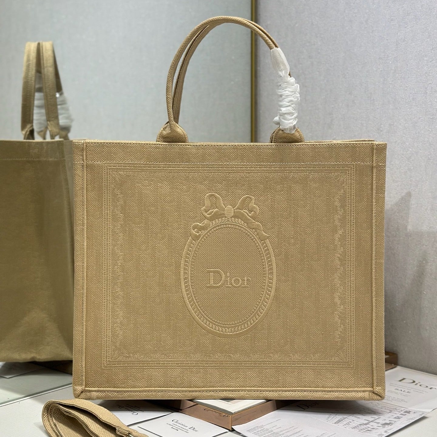 DIOR 26S BOOK TOTE BAG 42 IN BEIGE BAYADERE FABRIC