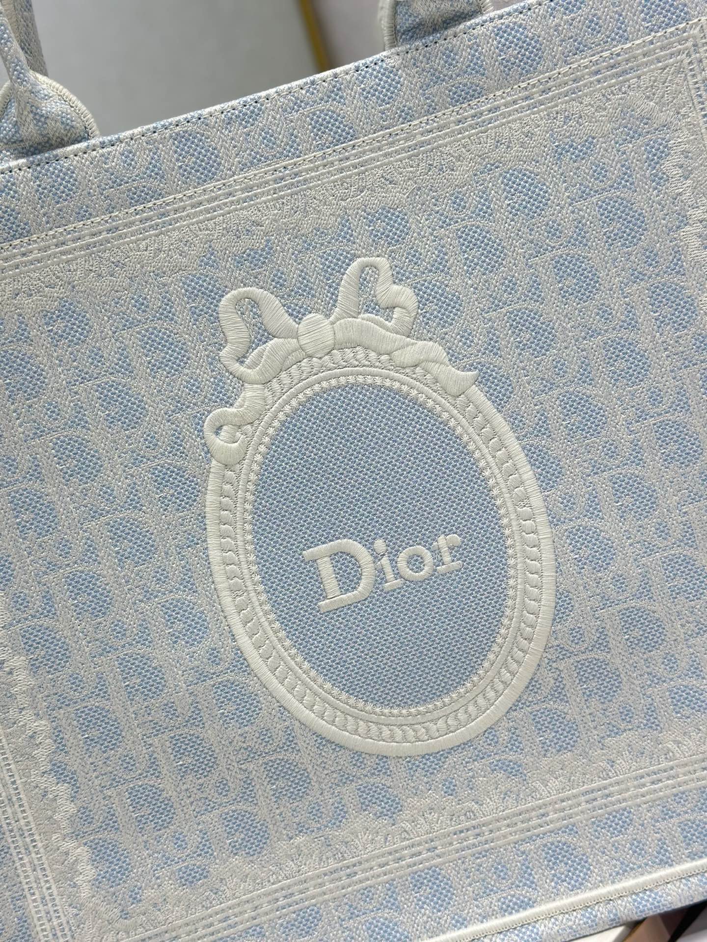 DIOR 26S BOOK TOTE BAG 42 IN LIGHT BLUE AND BEIGE BAYADERE FABRIC
