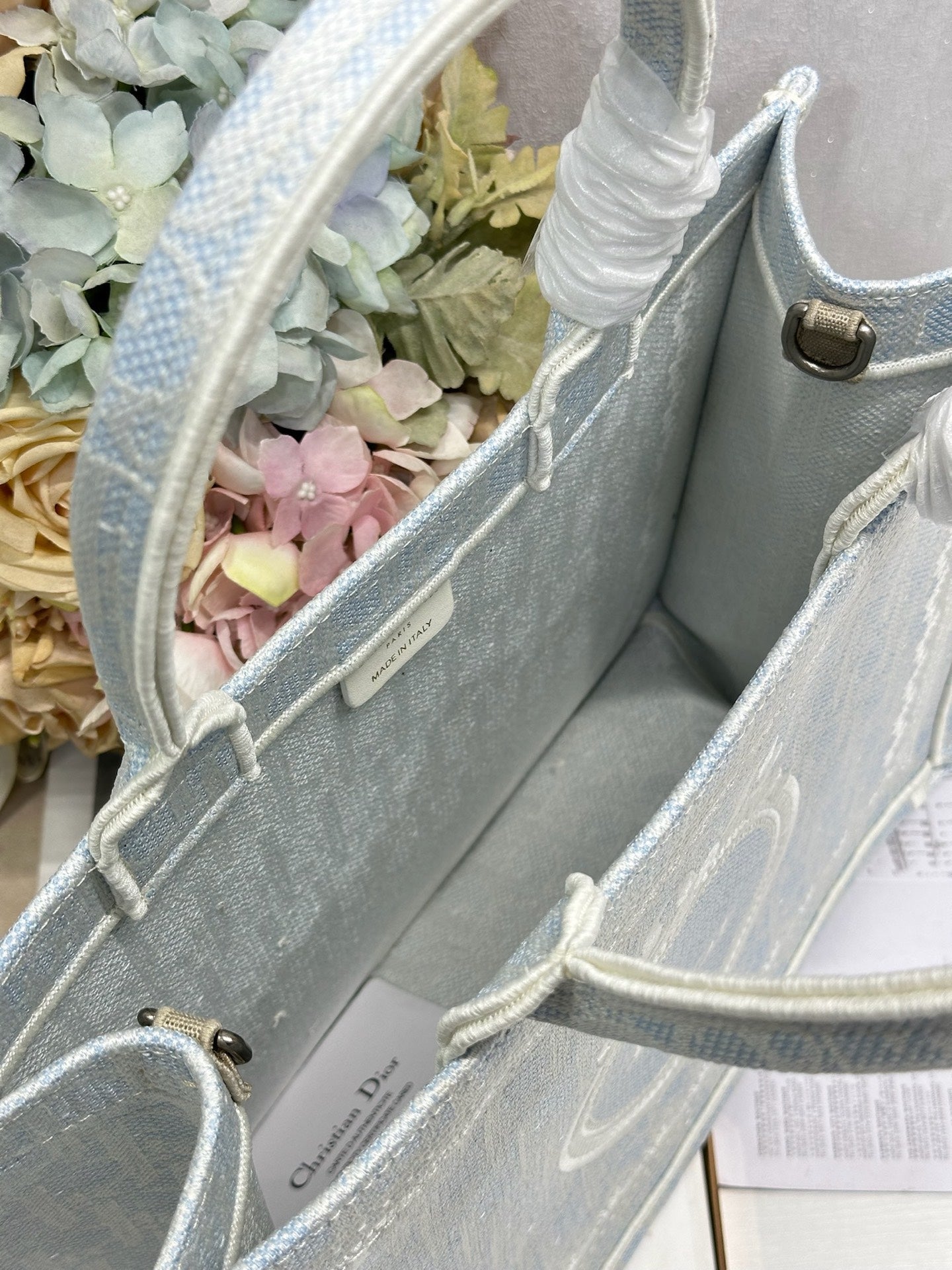 DIOR 26S BOOK TOTE BAG 36 IN LIGHT BLUE AND BEIGE BAYADERE FABRIC
