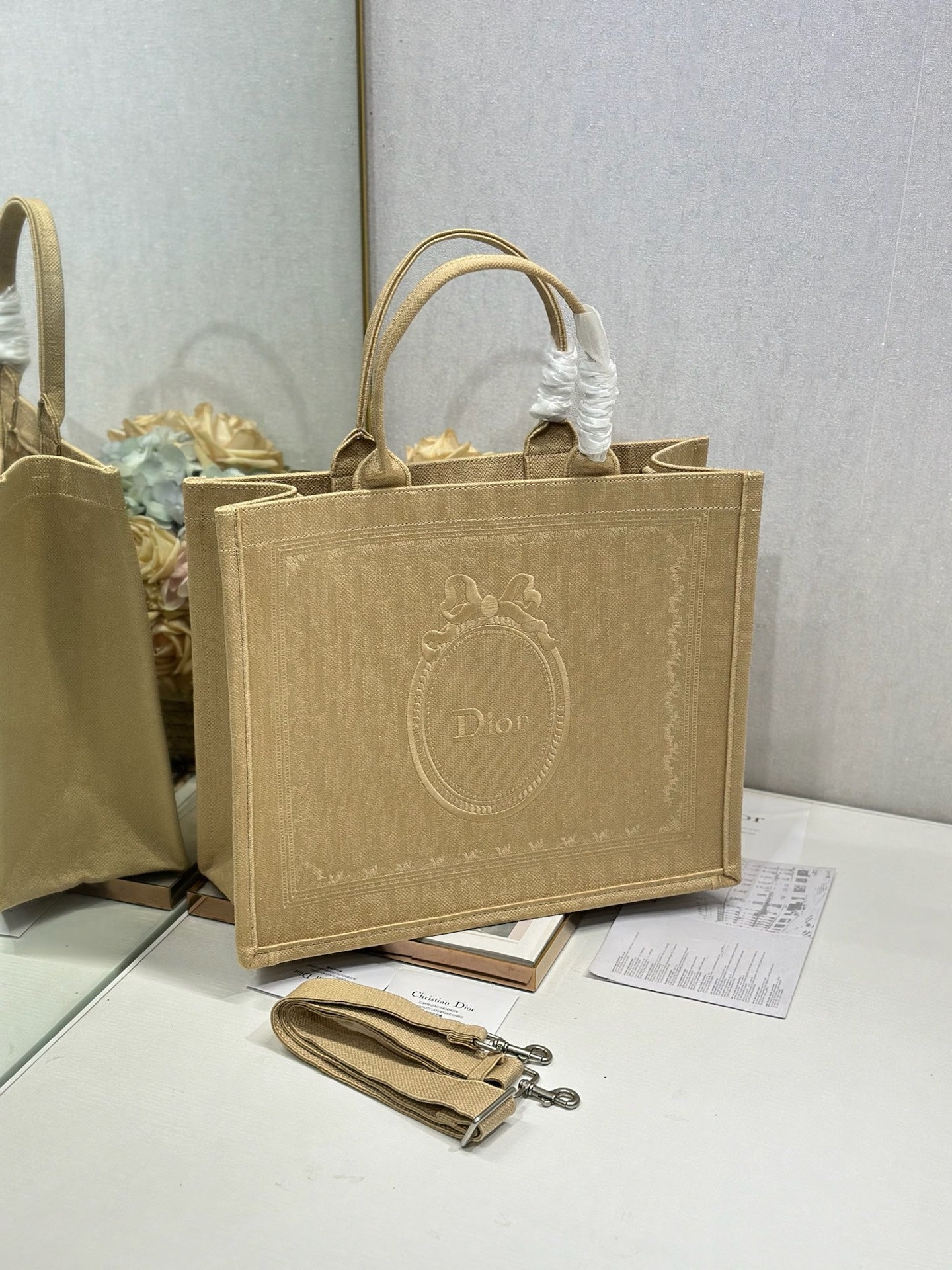 DIOR 26S BOOK TOTE BAG 42 IN BEIGE BAYADERE FABRIC