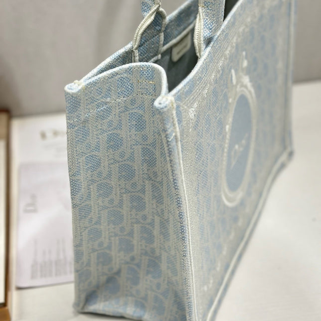 DIOR 26S BOOK TOTE BAG 36 IN LIGHT BLUE AND BEIGE BAYADERE FABRIC
