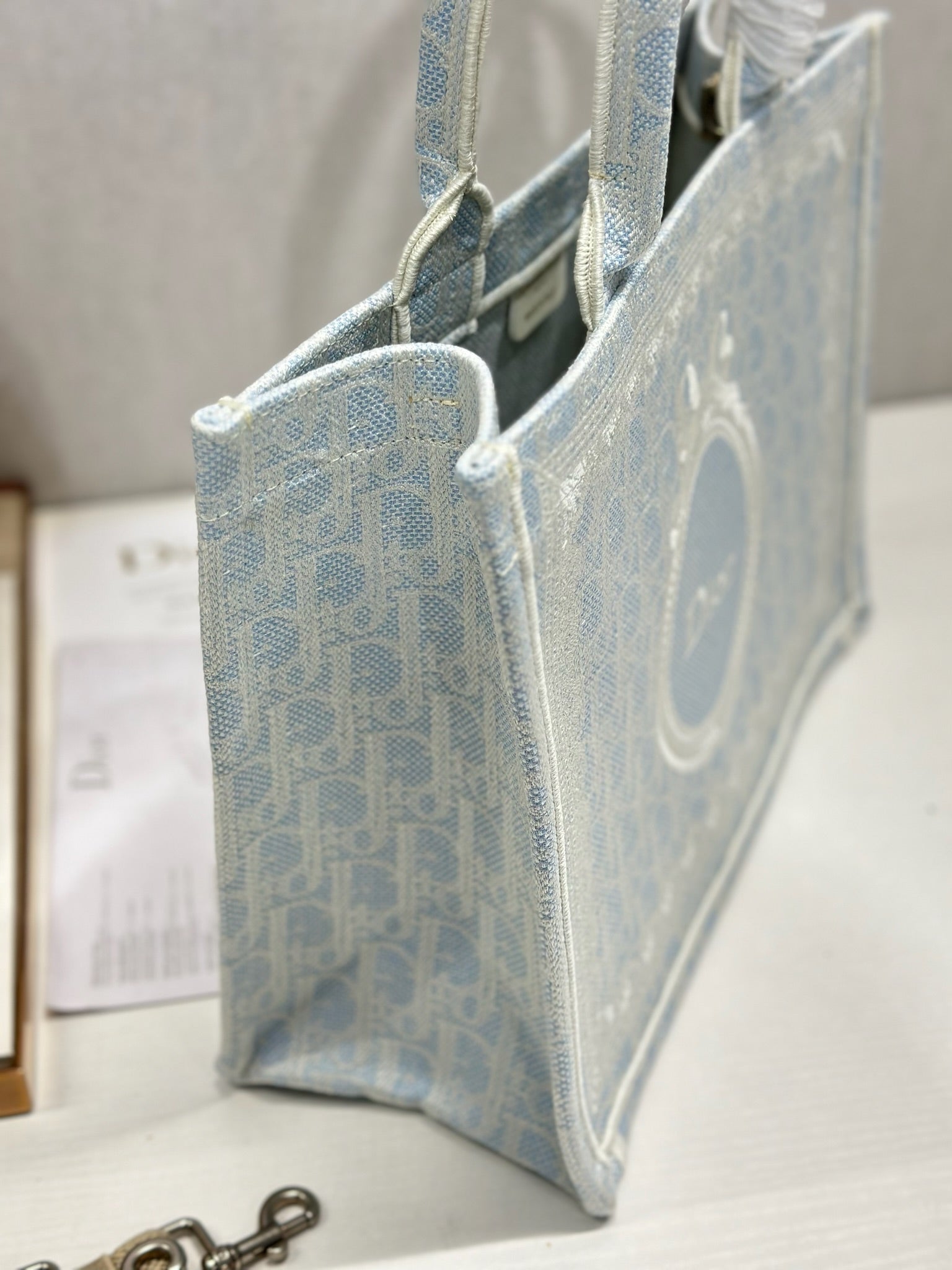 DIOR 26S BOOK TOTE BAG 36 IN LIGHT BLUE AND BEIGE BAYADERE FABRIC
