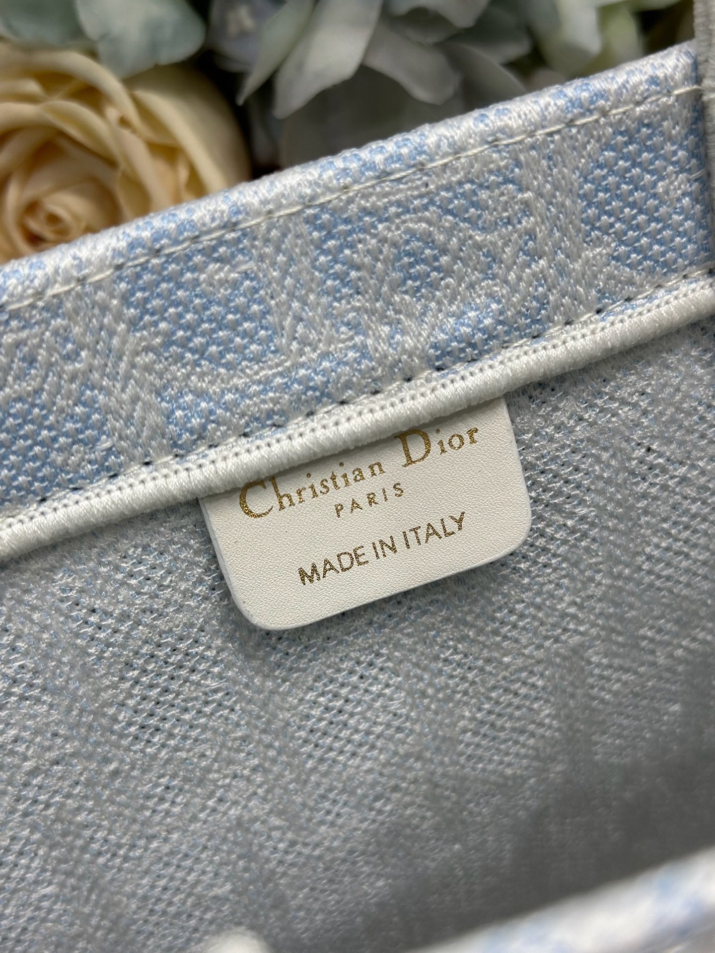 DIOR 26S BOOK TOTE BAG 36 IN LIGHT BLUE AND BEIGE BAYADERE FABRIC
