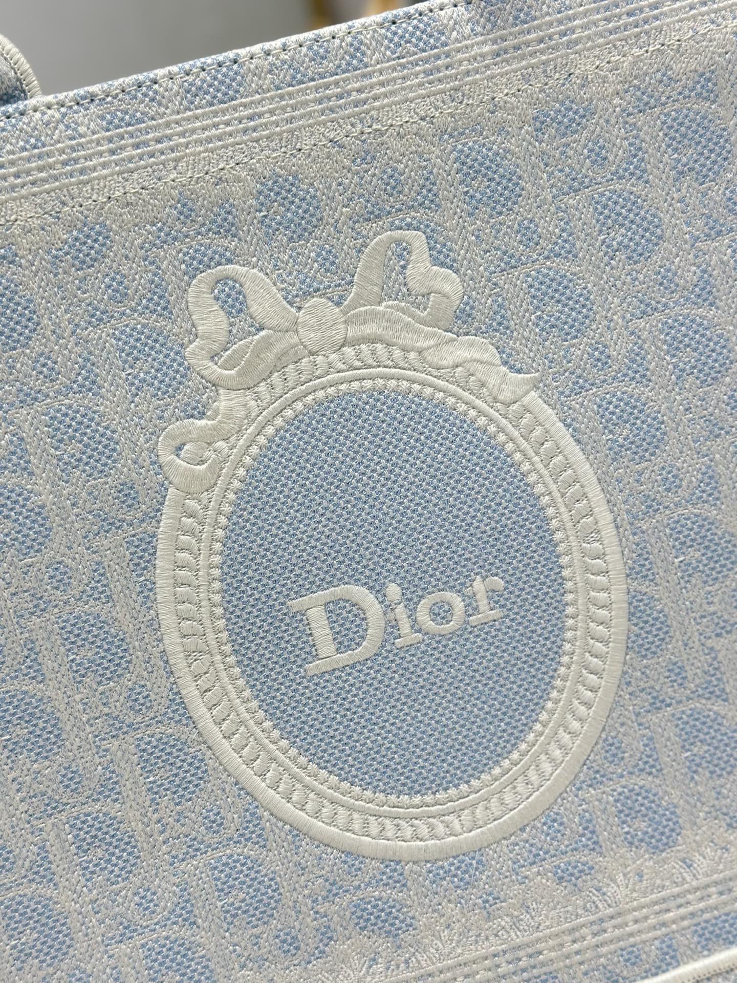 DIOR 26S BOOK TOTE BAG 36 IN LIGHT BLUE AND BEIGE BAYADERE FABRIC