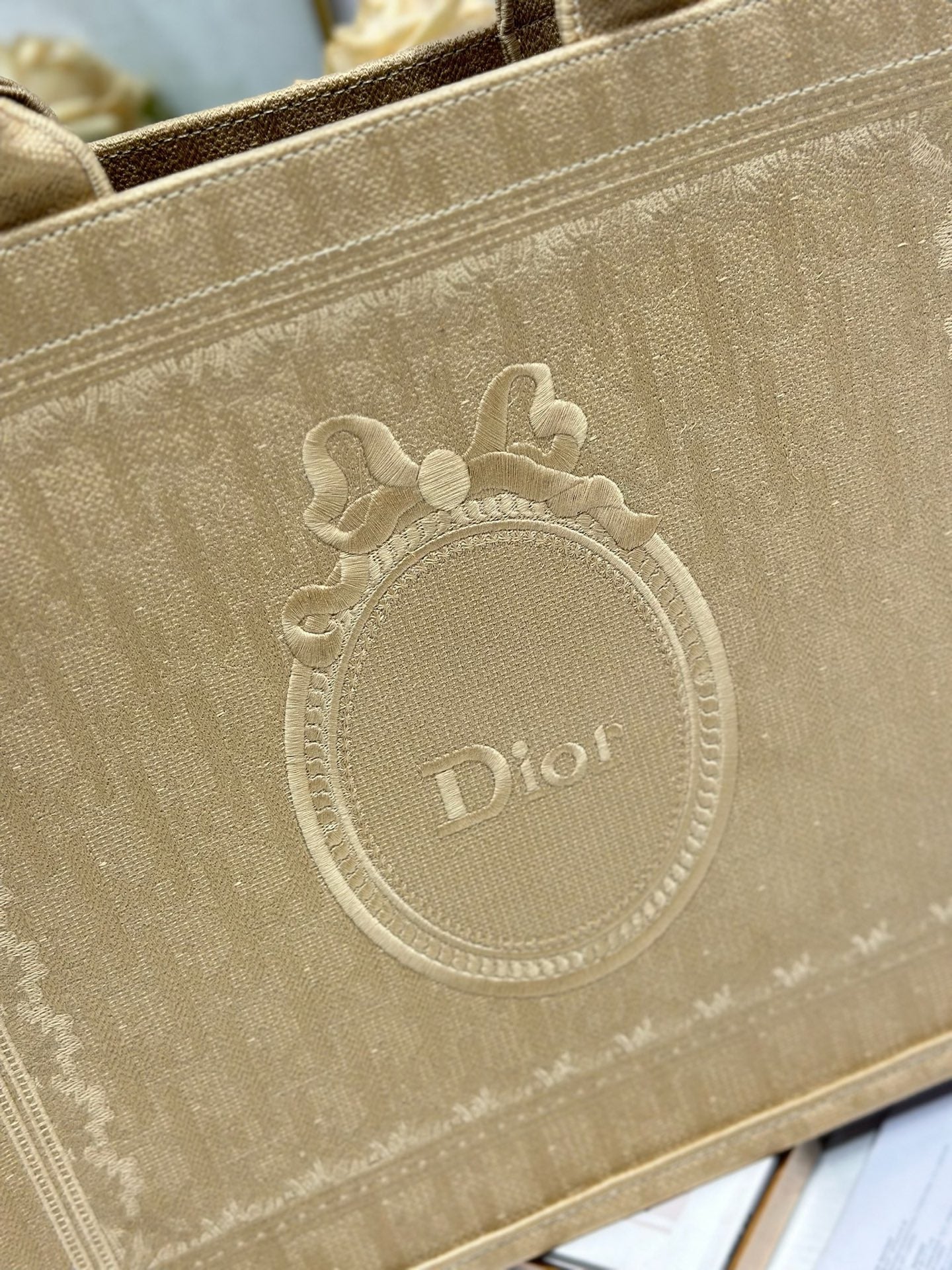 DIOR 26S BOOK TOTE BAG 42 IN BEIGE BAYADERE FABRIC