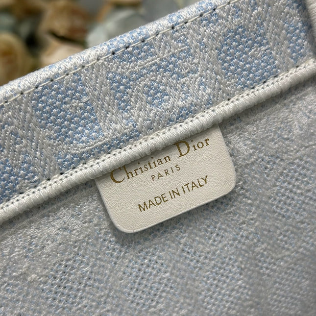 DIOR 26S BOOK TOTE BAG 42 IN LIGHT BLUE AND BEIGE BAYADERE FABRIC