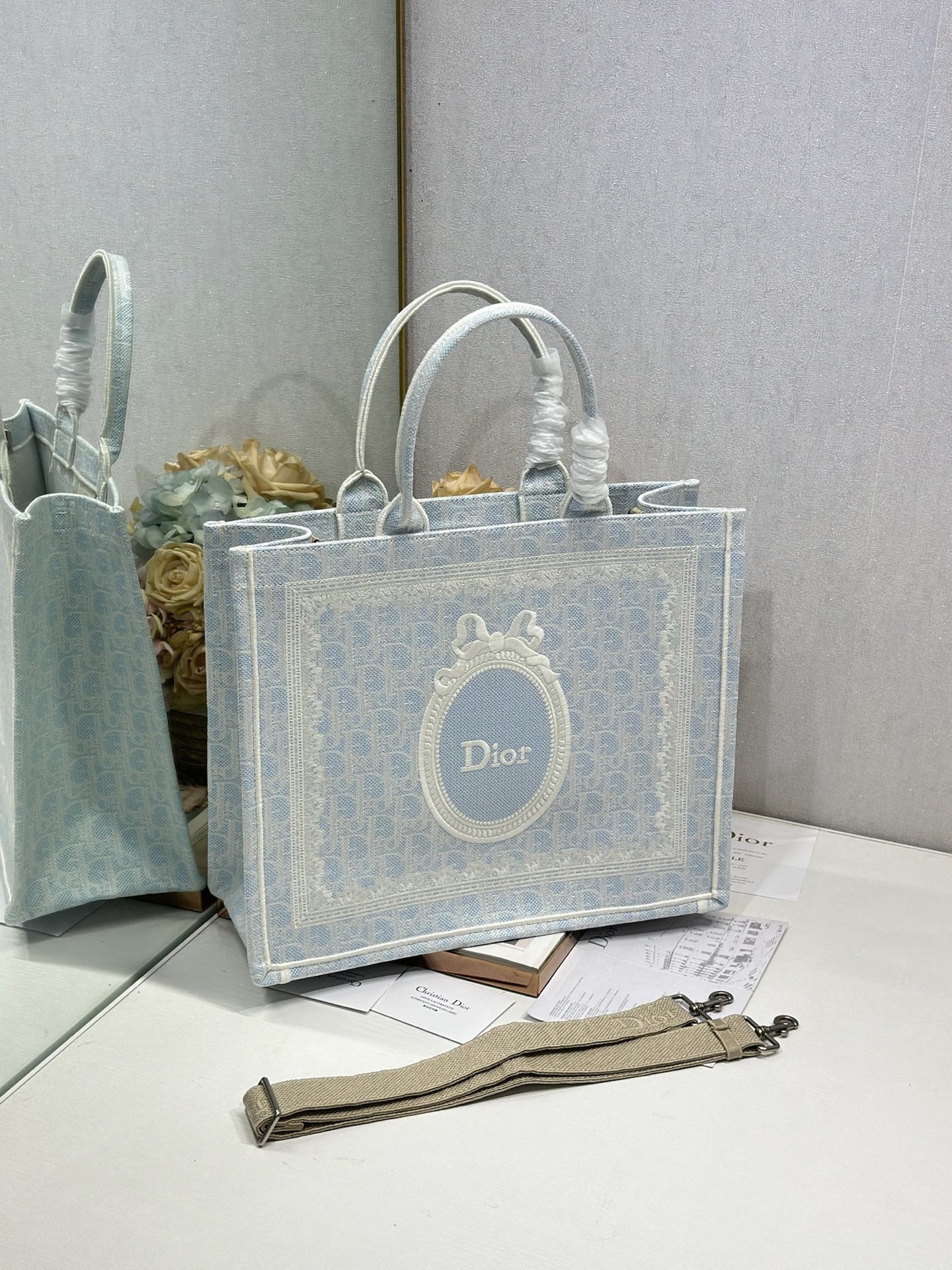 DIOR 26S BOOK TOTE BAG 42 IN LIGHT BLUE AND BEIGE BAYADERE FABRIC