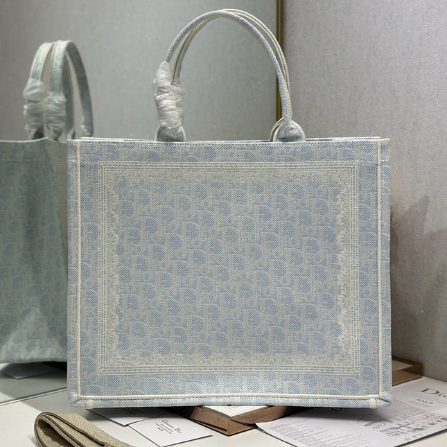 DIOR 26S BOOK TOTE BAG 42 IN LIGHT BLUE AND BEIGE BAYADERE FABRIC