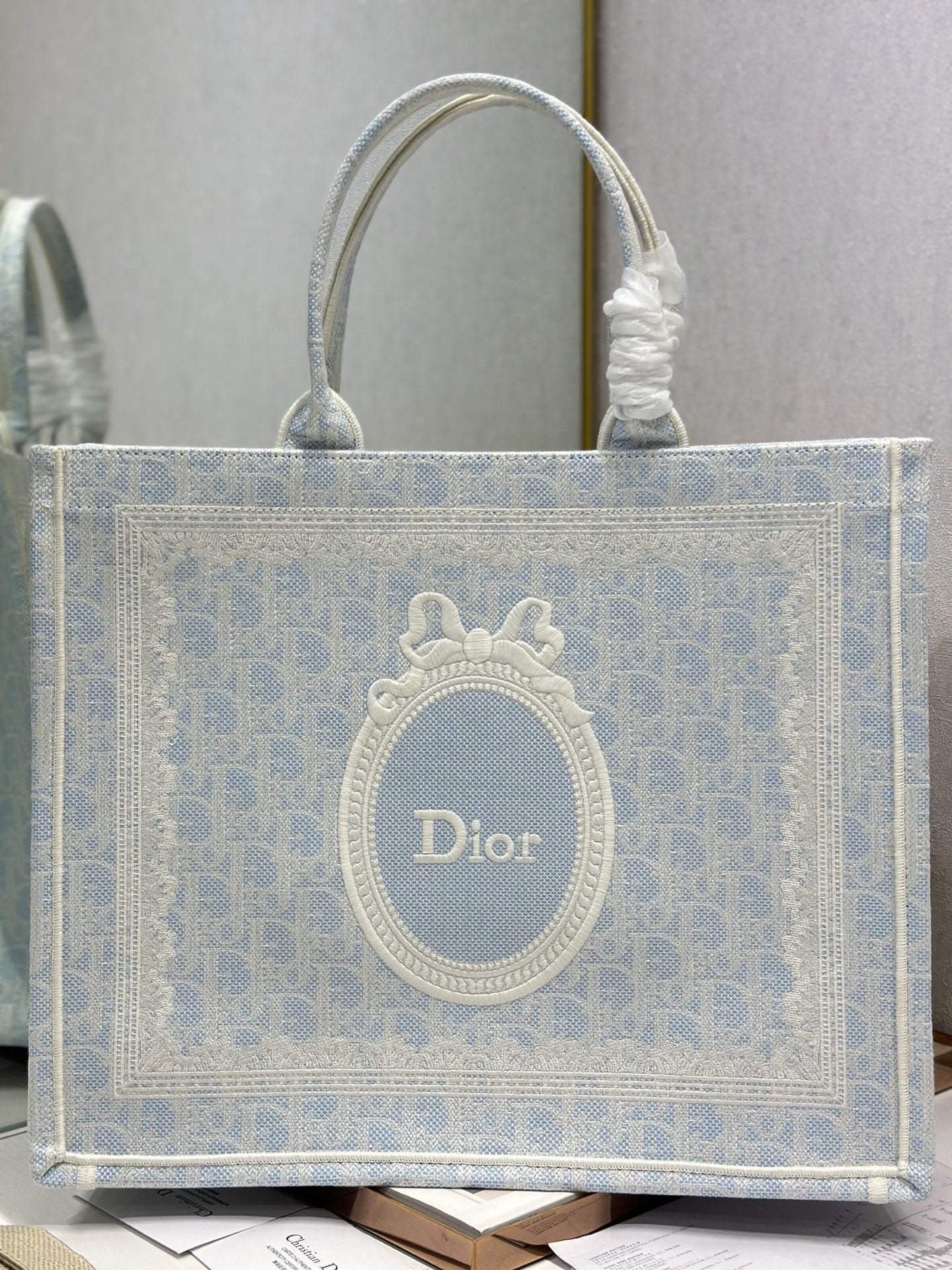 DIOR 26S BOOK TOTE BAG 42 IN LIGHT BLUE AND BEIGE BAYADERE FABRIC