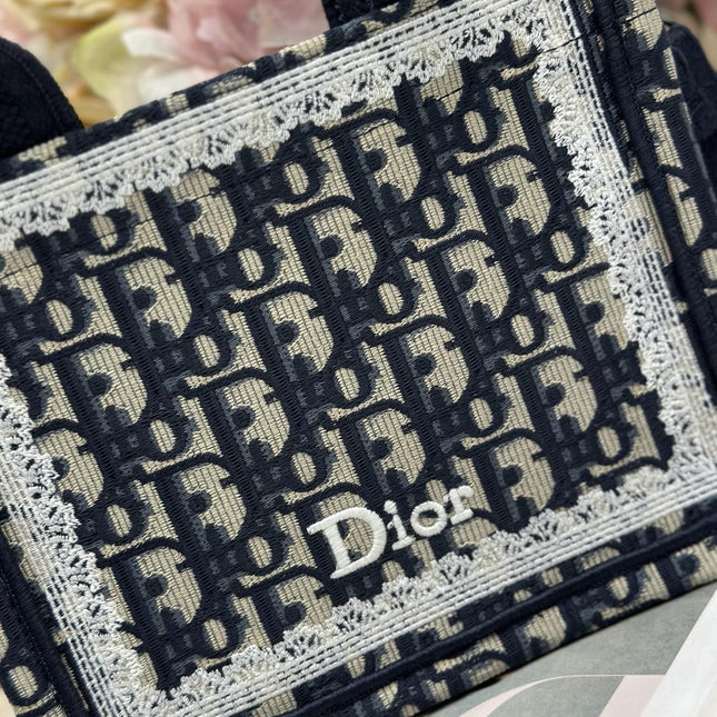 DIOR 26S BOOK TOTE BAG 20 IN NAVY BLUE AND BEIGE FABRIC OBLIQUE FABRIC