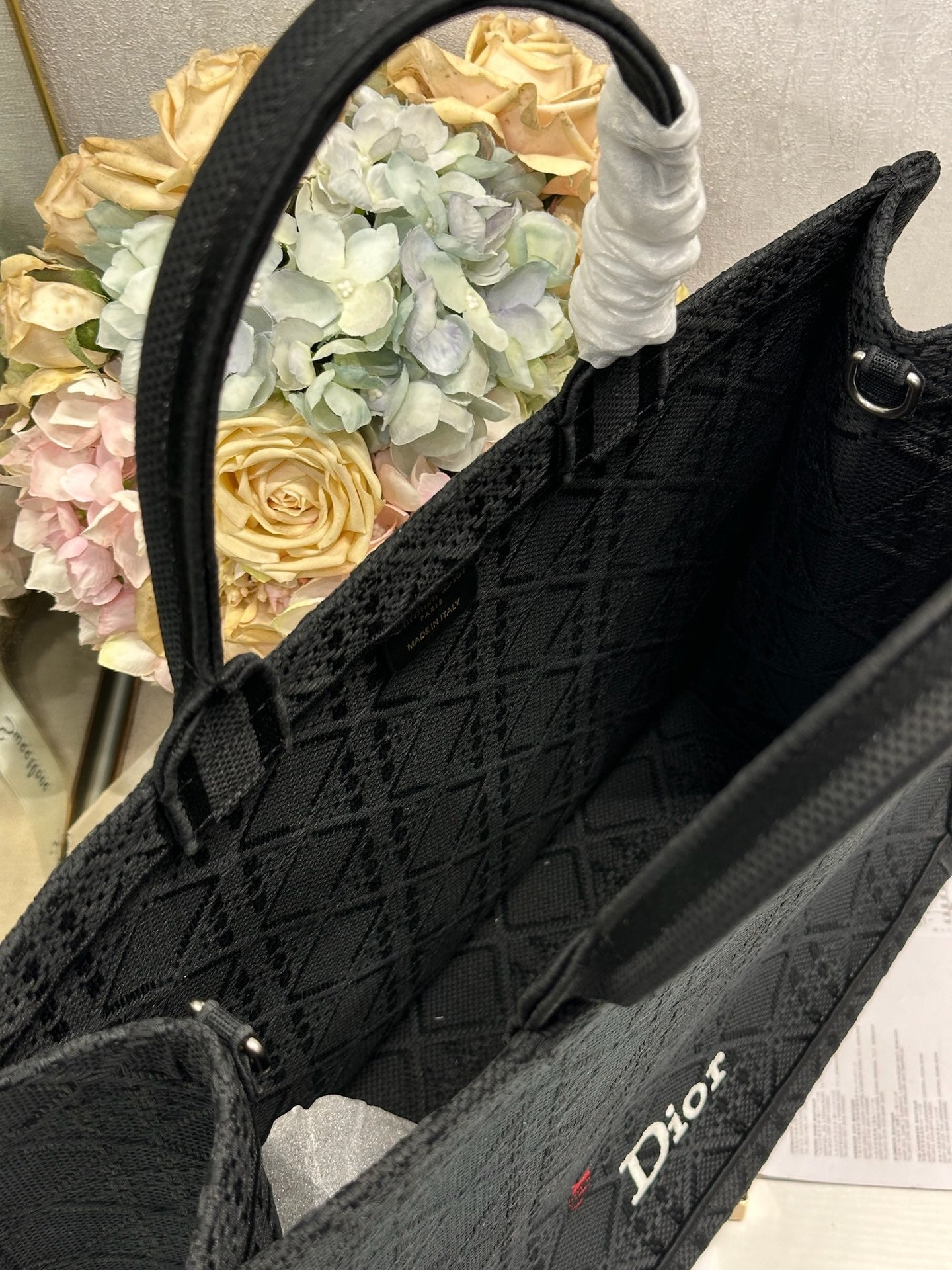 DIOR 26S BOOK TOTE BAG 42 IN BLACK BAYADERE FABRIC