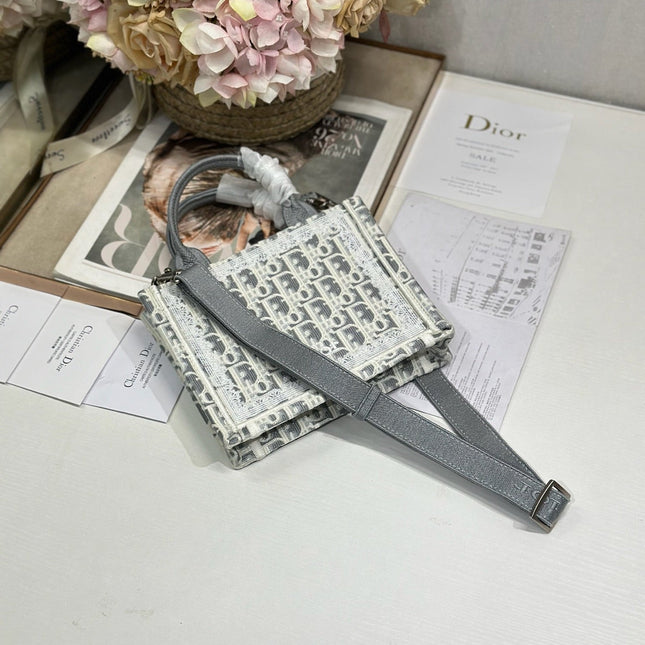DIOR 26S  BOOK TOTE BAG 20 IN GREY AND BEIGE FABRIC OBLIQUE FABRIC