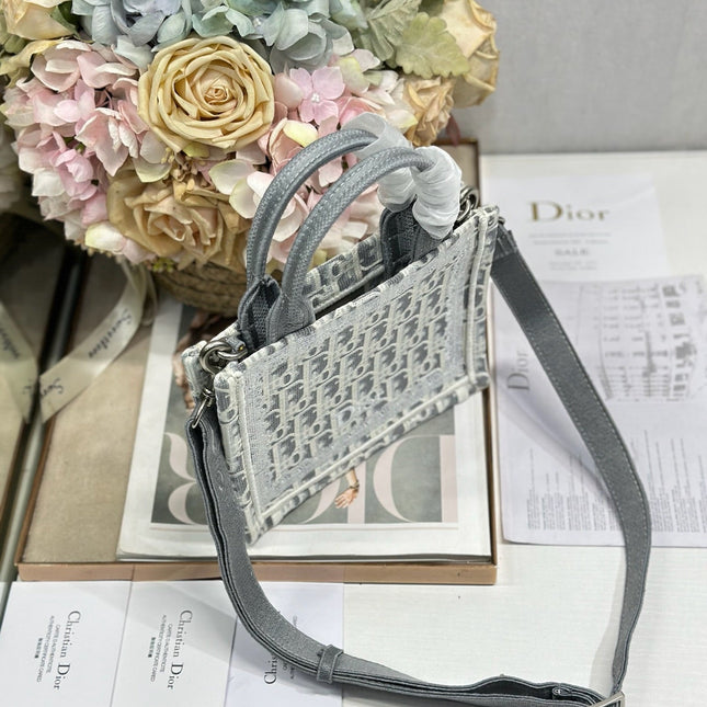 DIOR 26S  BOOK TOTE BAG 20 IN GREY AND BEIGE FABRIC OBLIQUE FABRIC