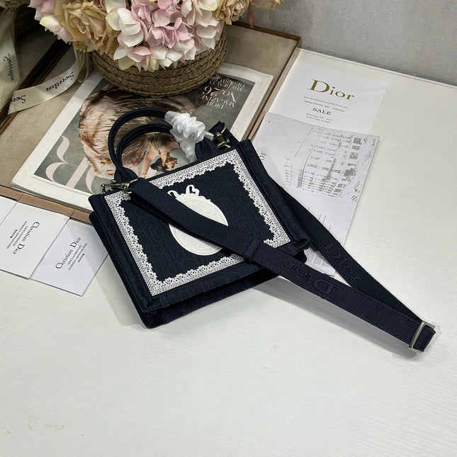 DIOR 26S  BOOK TOTE BAG 20 IN NAVY BLUE AND WHITE FABRIC