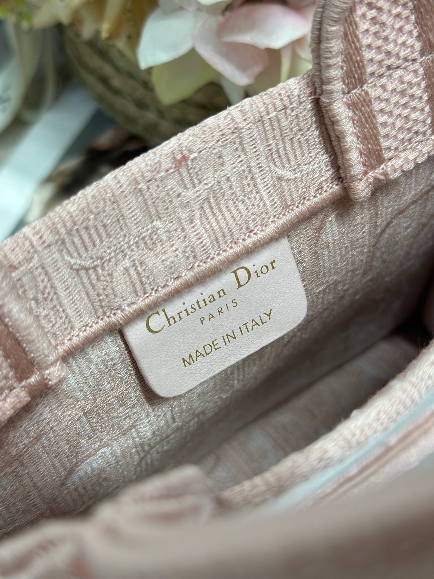 DIOR 26S  BOOK TOTE BAG 20 IN LIGHT PINK AND WHITE FABRIC