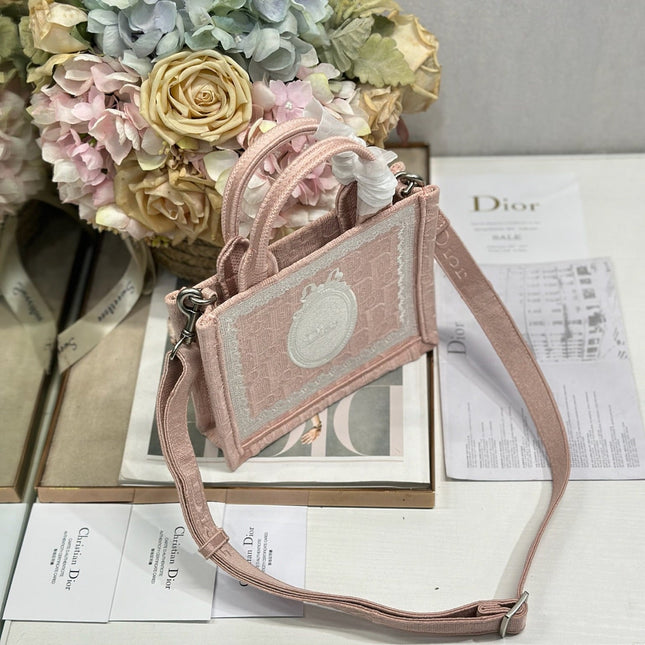 DIOR 26S  BOOK TOTE BAG 20 IN LIGHT PINK AND WHITE FABRIC
