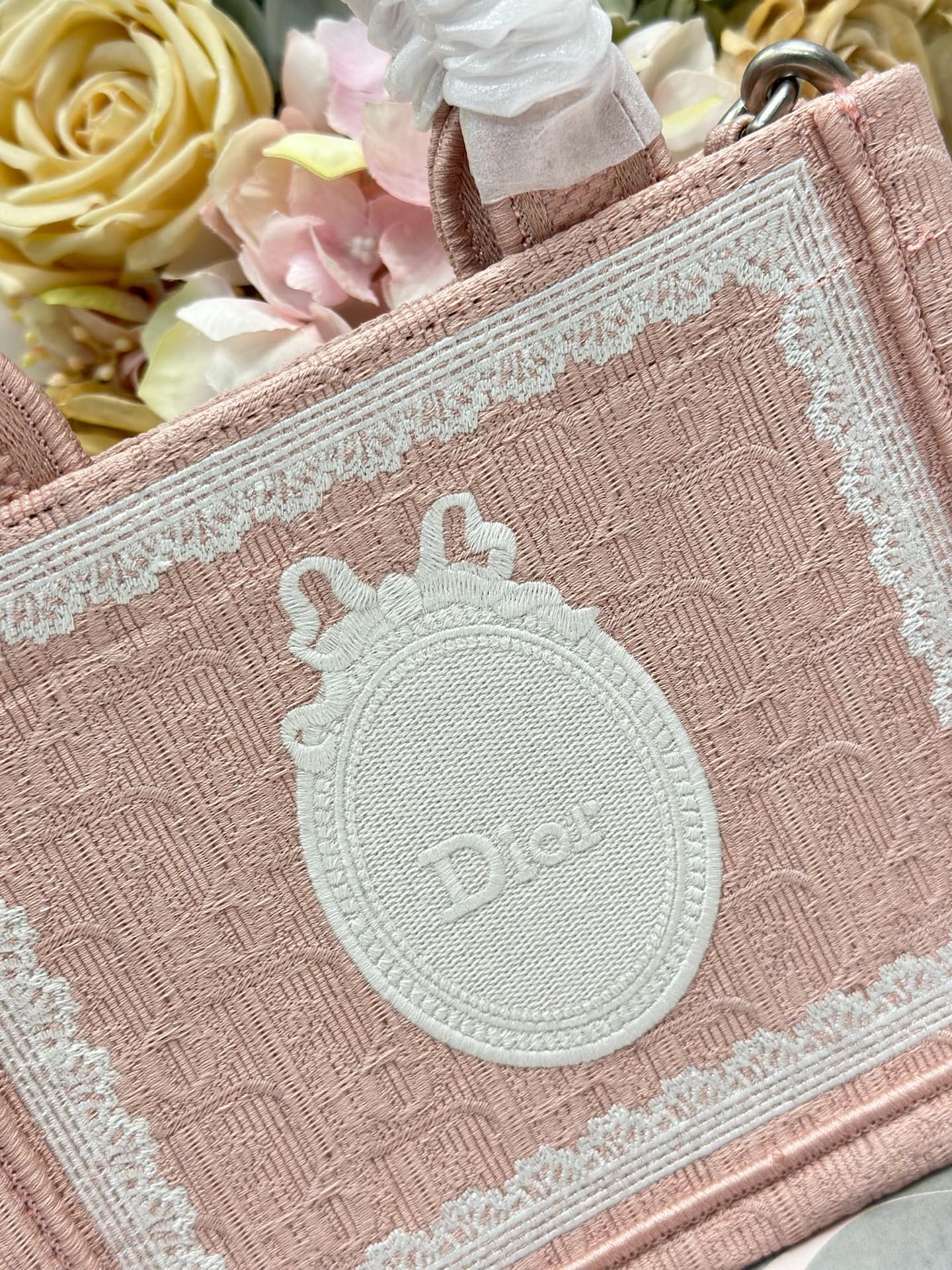 DIOR 26S  BOOK TOTE BAG 20 IN LIGHT PINK AND WHITE FABRIC