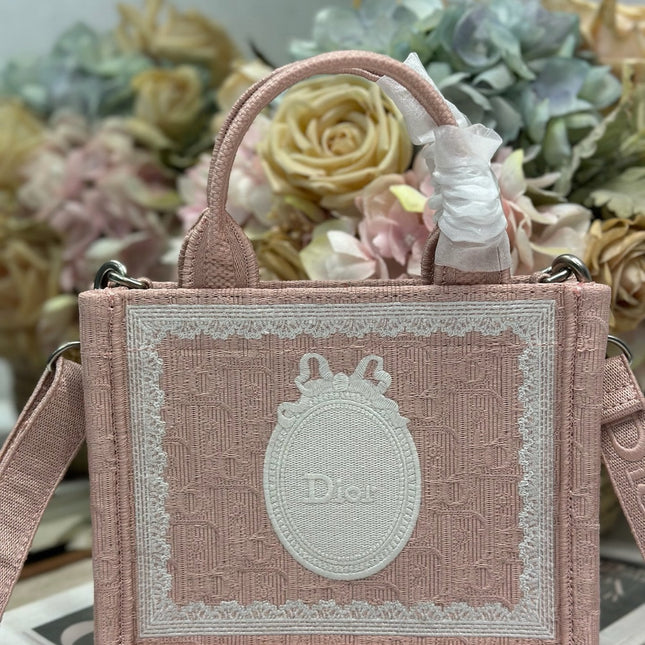 DIOR 26S  BOOK TOTE BAG 20 IN LIGHT PINK AND WHITE FABRIC