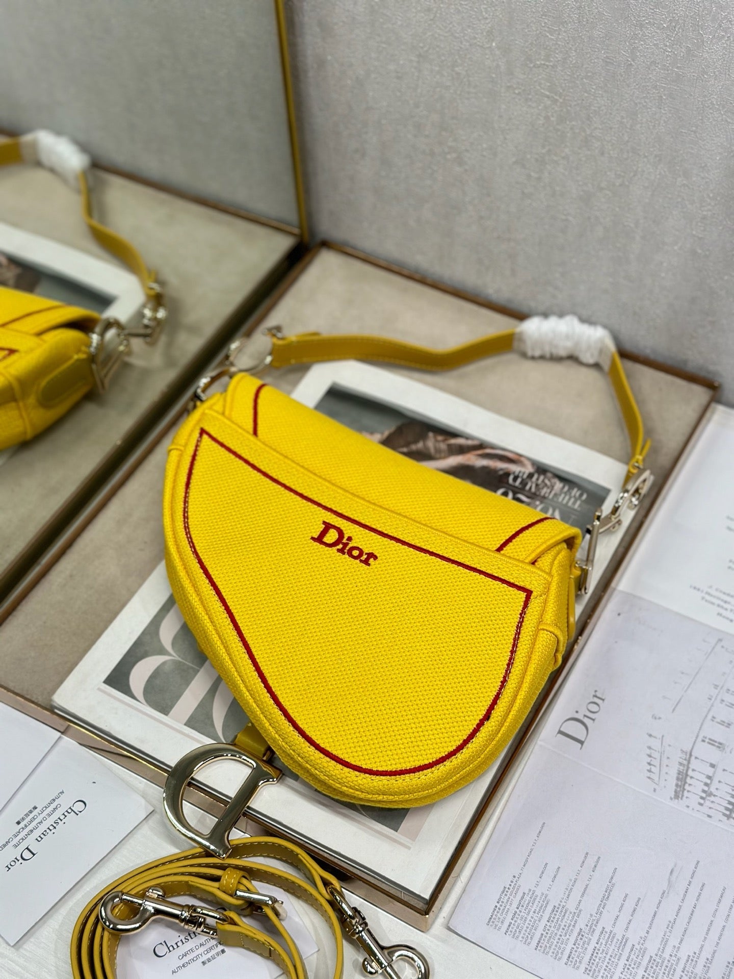 DIOR 26S SADDLE BAG 25 IN YELLOW WOVEN FABRIC