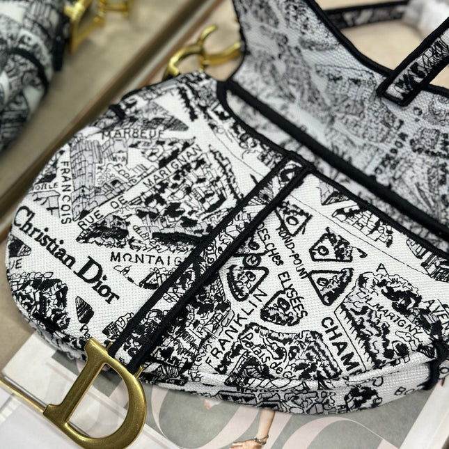 DIOR 26S SADDLE BAG 25 IN WHITE MIX BLACK WOVEN FABRIC