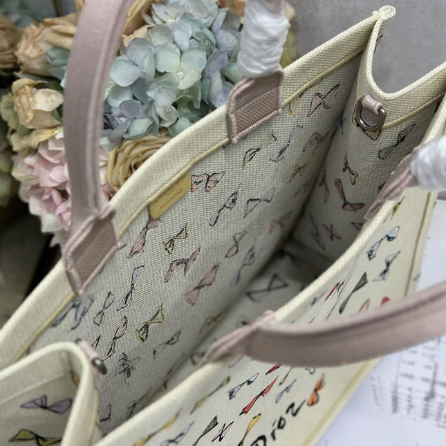 DIOR 26S LARGE BOOK TOTE 42 BEIGE WHITE BOW PRINT WOVEN FABRIC