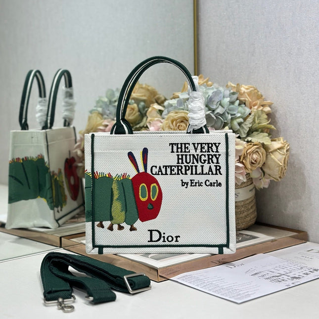 DIOR 26S MINI BOOK TOTE 26 IN CREAM WHITE AND GREEN WOVEN FABRIC