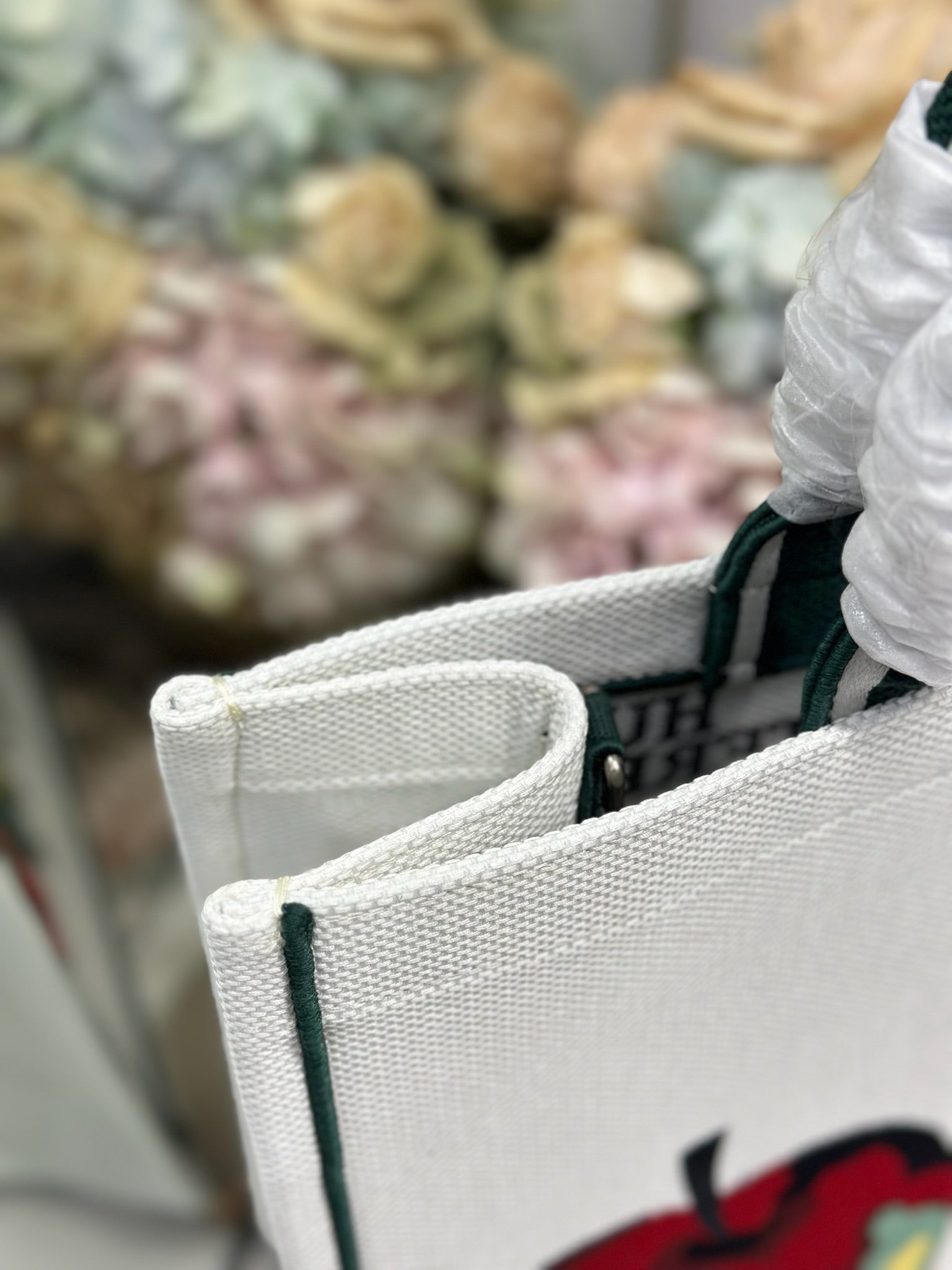 DIOR 26S LARGE BOOK TOTE 42 IN CREAM WHITE AND GREEN WOVEN FABRIC