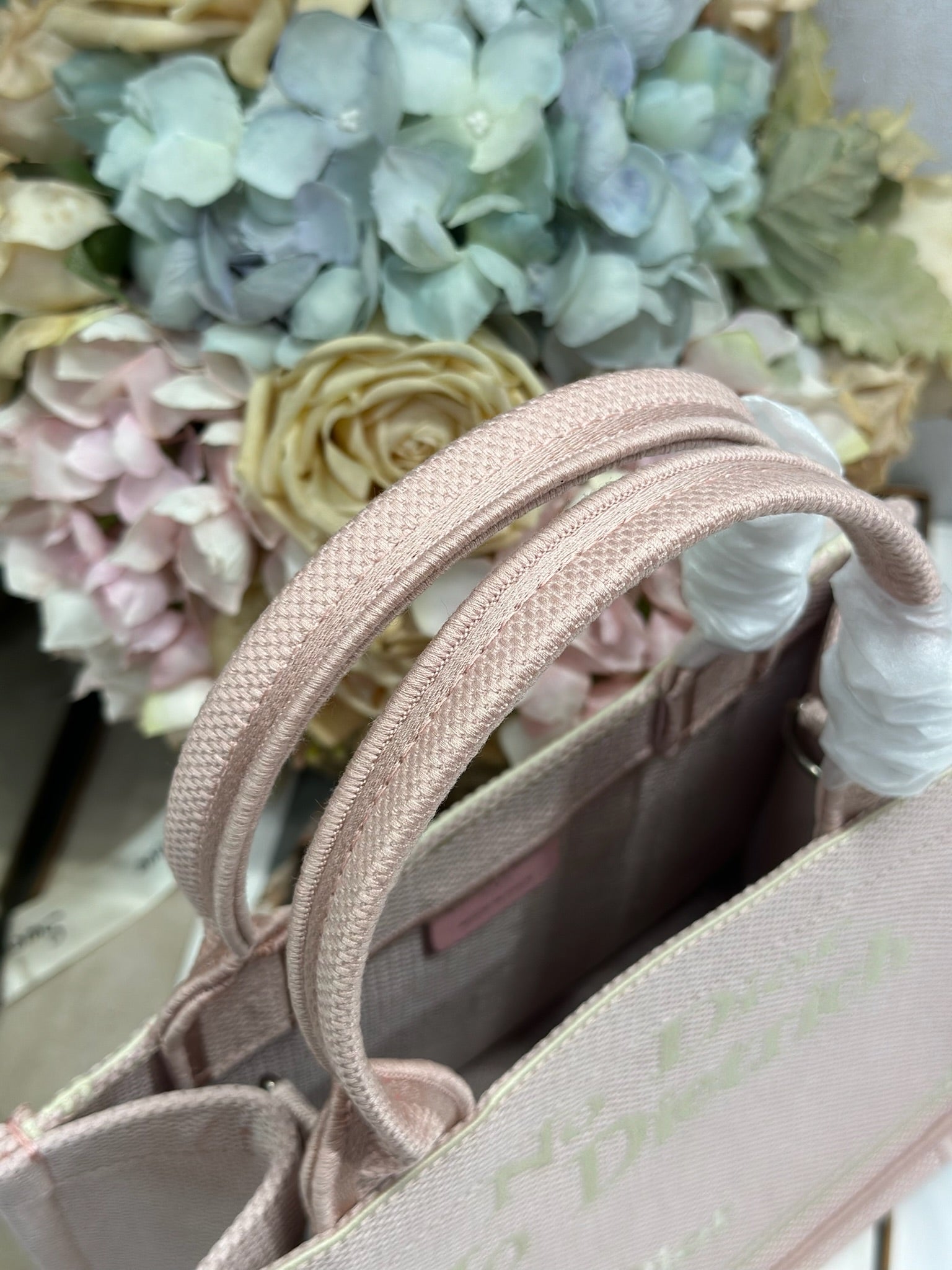 DIOR 26S MINI BOOK TOTE 26 IN LIGHT PINK WOVEN FABRIC