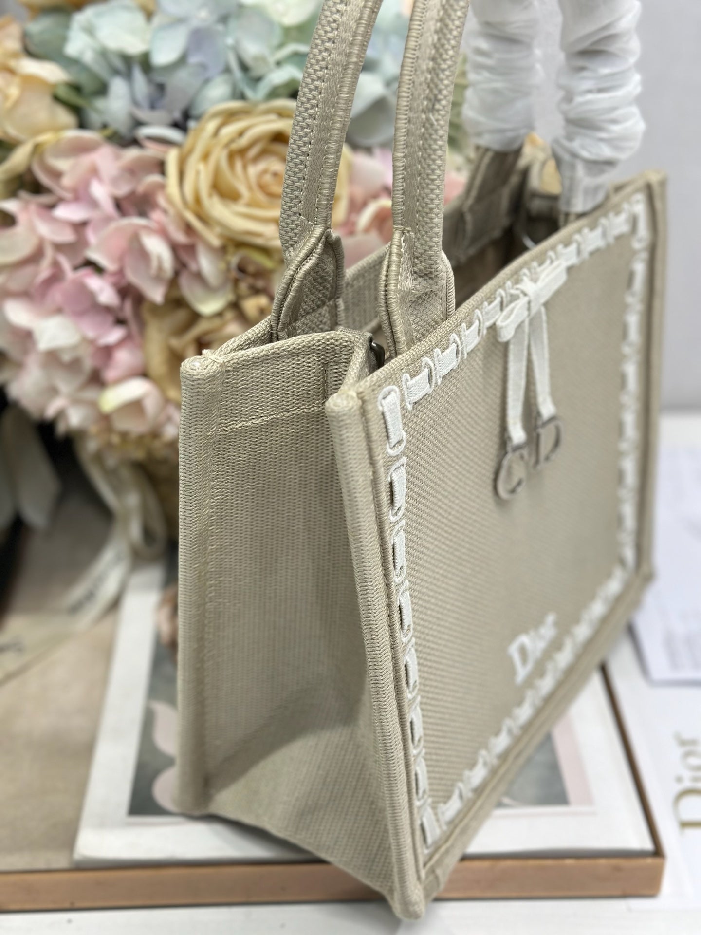 DIOR 26S MINI BOOK TOTE 26 IN BEIGE WOVEN FABRIC