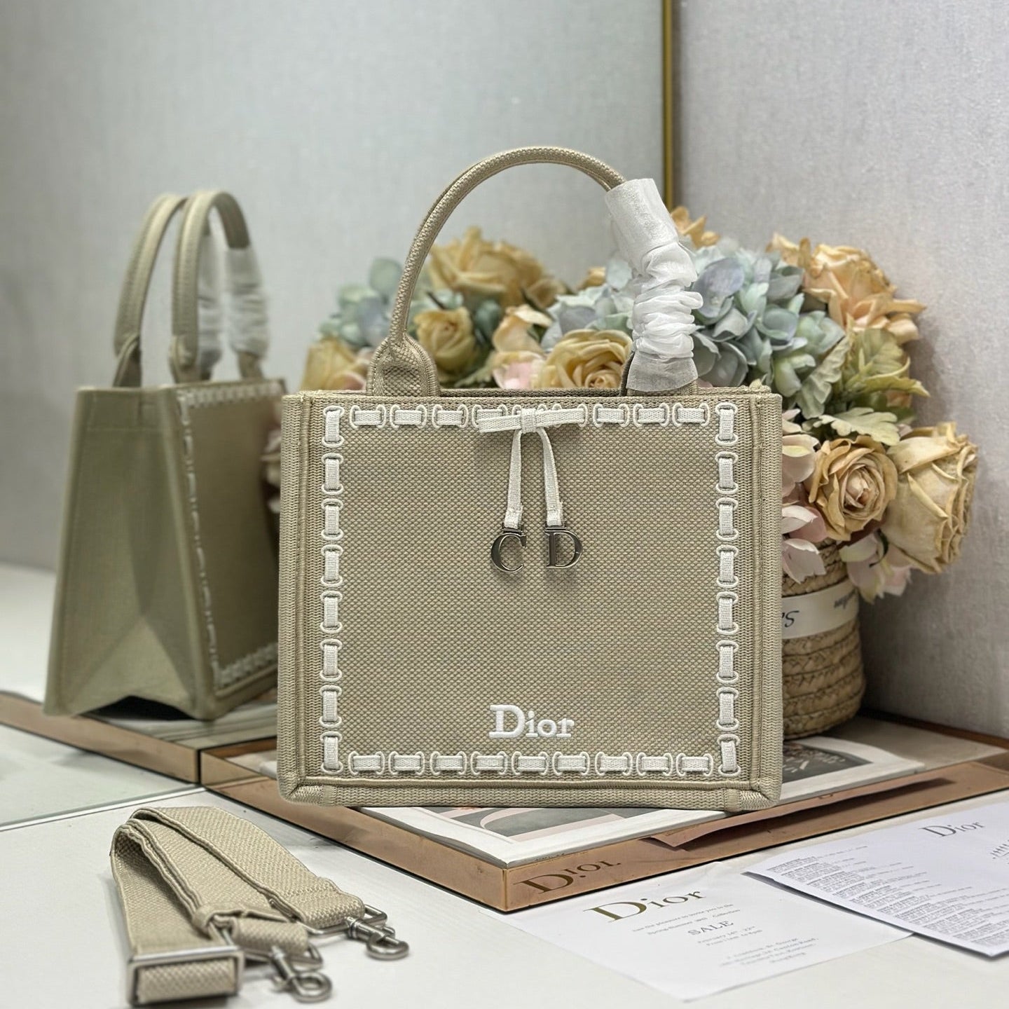 DIOR 26S MINI BOOK TOTE 26 IN BEIGE WOVEN FABRIC