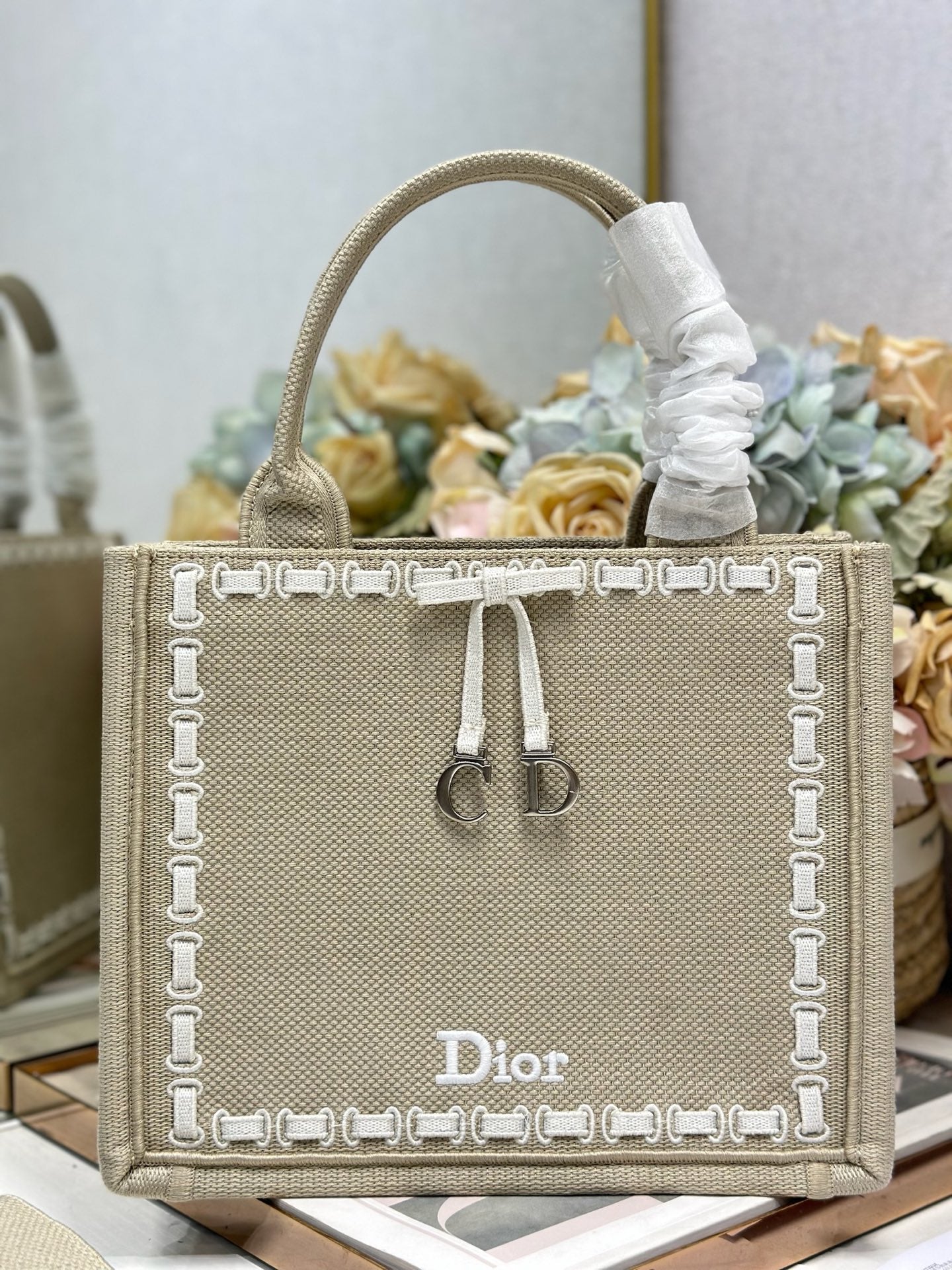 DIOR 26S MINI BOOK TOTE 26 IN BEIGE WOVEN FABRIC