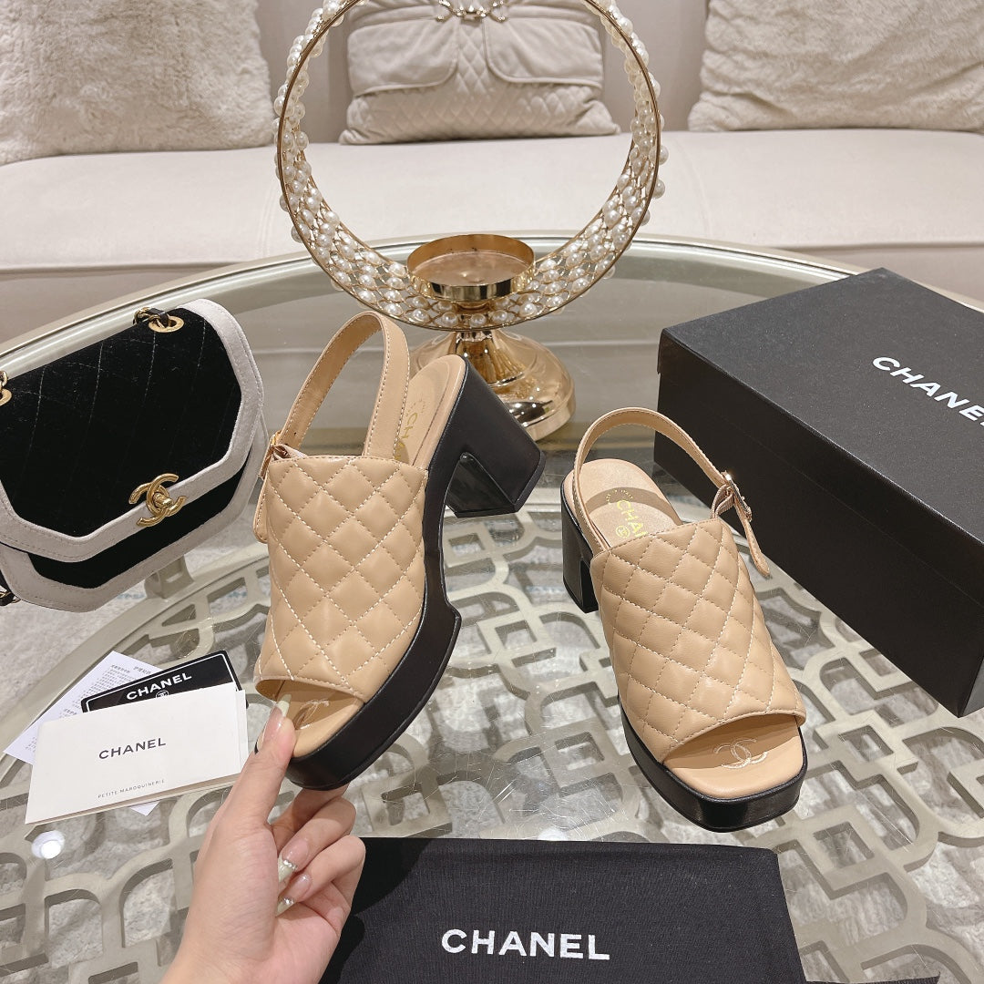 Double C  Chunky Heel Peep-Toe Open Sandals Beige Cream Lambskin