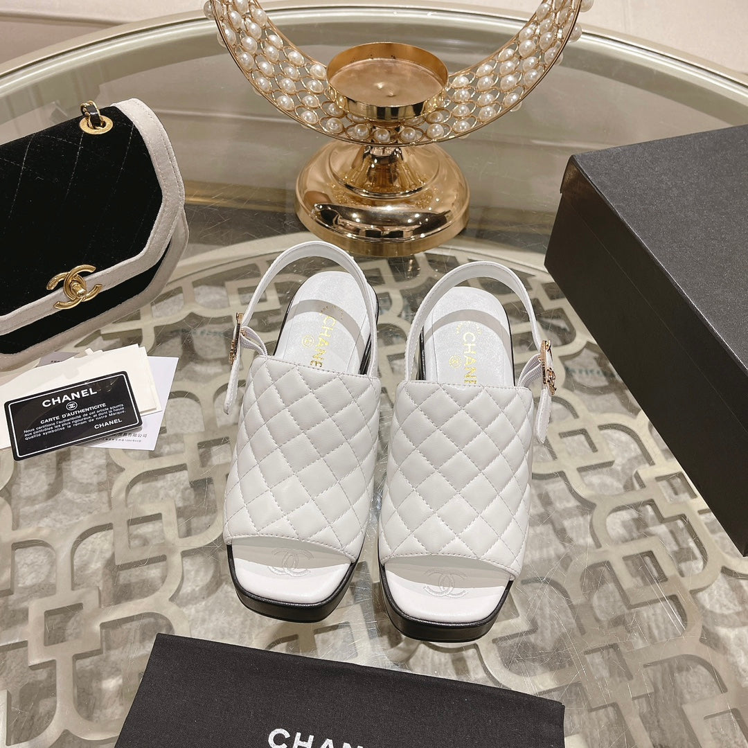 Double C  Chunky Heel Peep-Toe Open Sandals White Lambskin