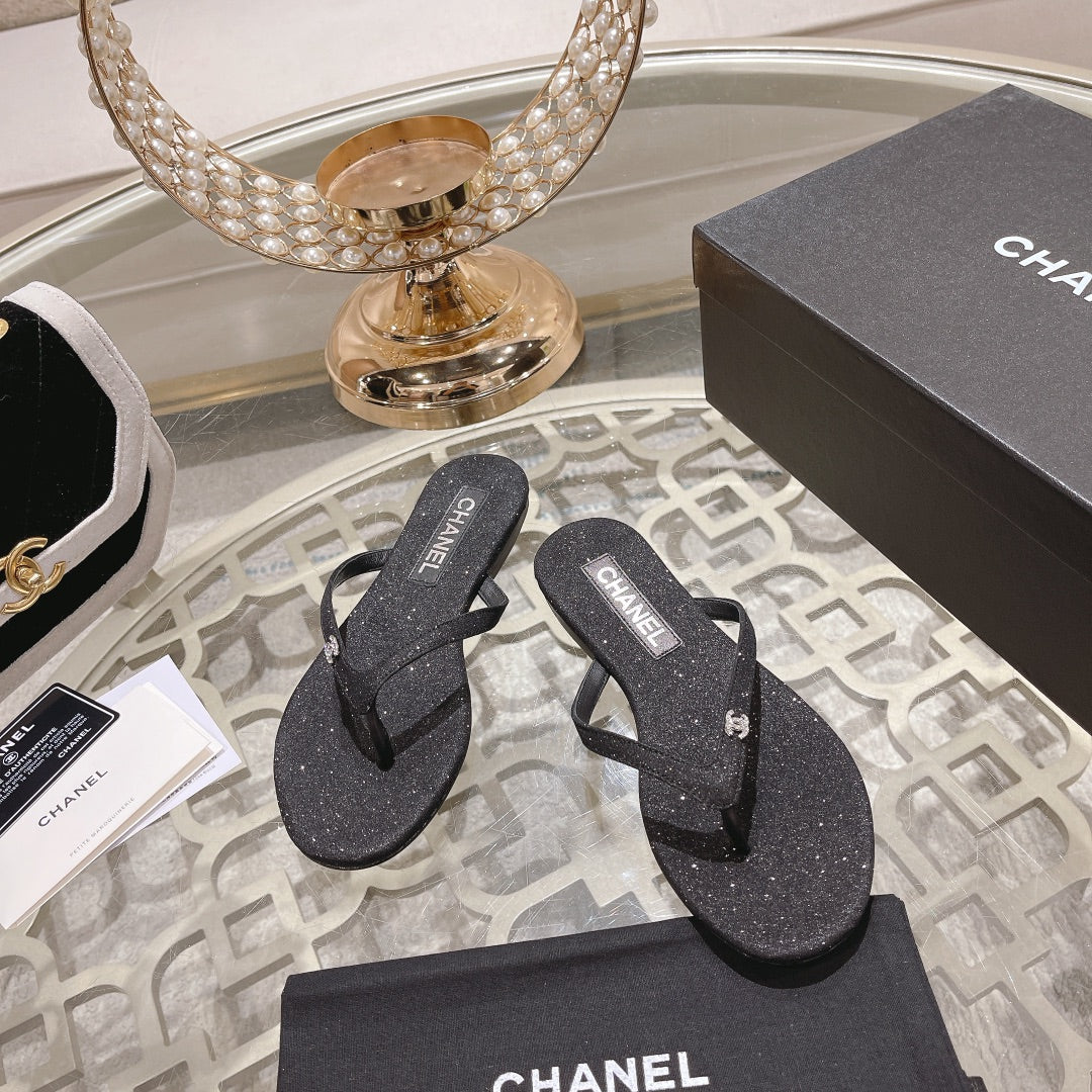 Double CC Rhinestone Flip  Flop Thongs Black Sheepskin