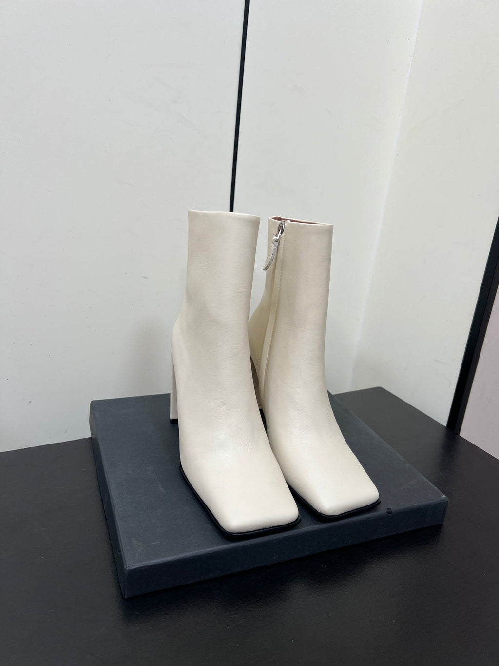ALAIA 26S SQUARE-TOE BOOTS IN WHITE CALFSKIN