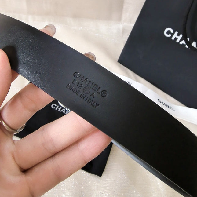 DOUBLE C BELT 30MM IN BLACK CALFSKIN SILVER CHAIN BUCKLE