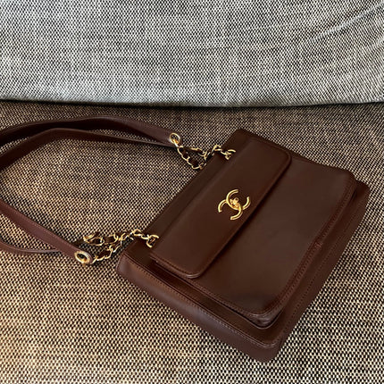 CHANEL 26S FLAP SHOULDER BAG 26 IN DARK BROWN LAMBSKIN GOLD HARDWARE