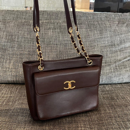 CHANEL 26S FLAP SHOULDER BAG 26 IN DARK BROWN LAMBSKIN GOLD HARDWARE
