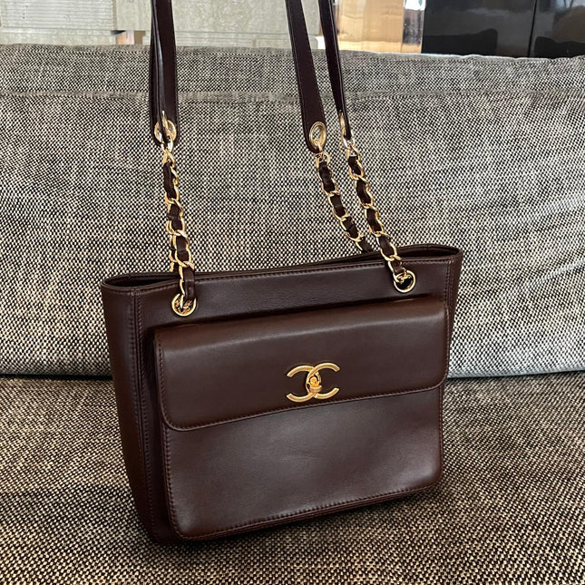 CHANEL 26S FLAP SHOULDER BAG 26 IN DARK BROWN LAMBSKIN GOLD HARDWARE