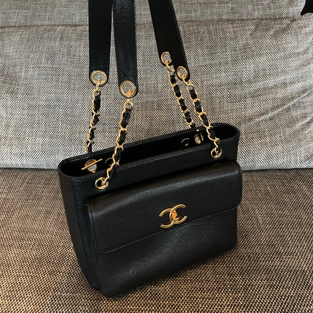 CHANEL 26S FLAP SHOULDER BAG 26 IN BLACK CAVIAR CALFSKIN GOLD HARDWARE