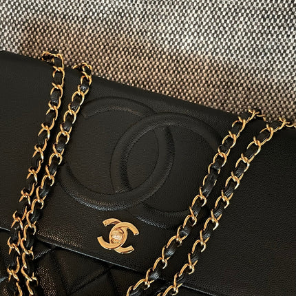 CHANEL 26S LARGE CC LOGO FLAP SHOULDER BAG 33 IN BLACK CAVIAR CALFSKIN GOLD HARDWARE