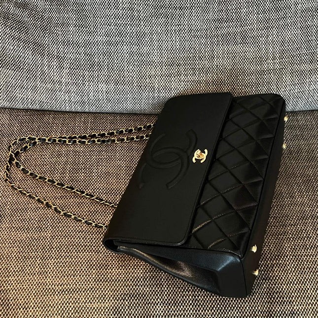 CHANEL 26S LARGE CC LOGO FLAP SHOULDER BAG 33 IN BLACK CAVIAR CALFSKIN GOLD HARDWARE
