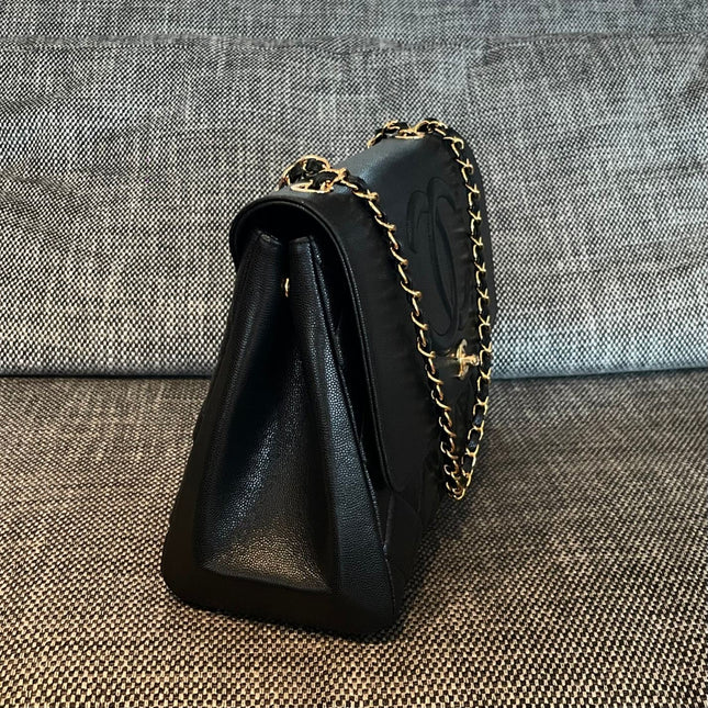 CHANEL 26S LARGE CC LOGO FLAP SHOULDER BAG 33 IN BLACK CAVIAR CALFSKIN GOLD HARDWARE