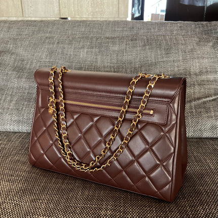 CHANEL 26S LARGE CC LOGO FLAP SHOULDER BAG 33 IN DARK BROWN LAMBSKIN GOLD HARDWARE