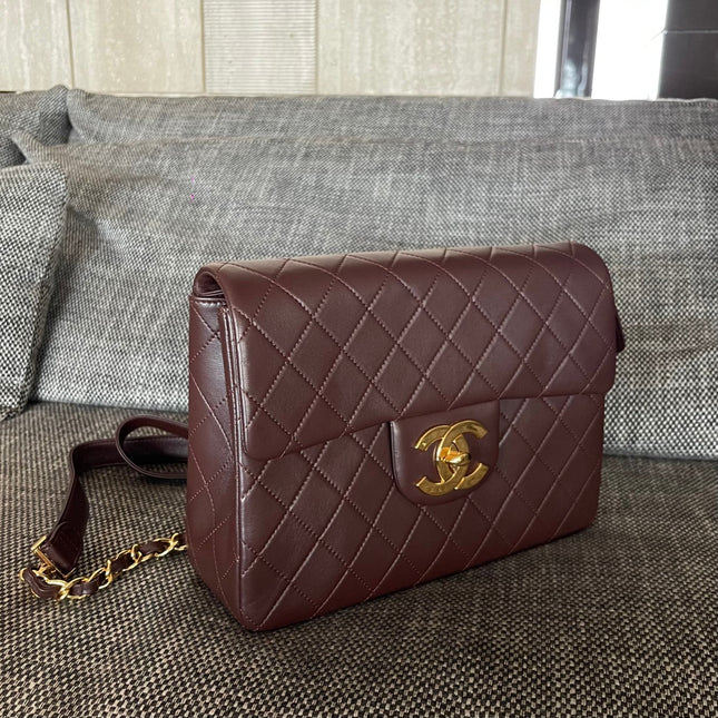 CHANEL 26S QUILTED FLAP BACKPACK 28 IN BURGUNDY RED LAMBSKIN GOLD HARDWARE