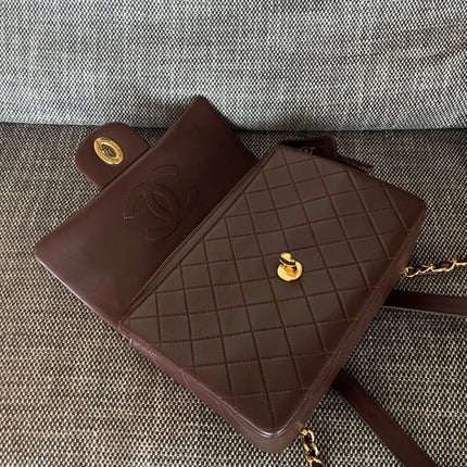CHANEL 26S QUILTED FLAP BACKPACK 28 IN BURGUNDY RED LAMBSKIN GOLD HARDWARE