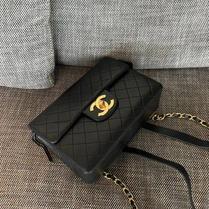 CHANEL 26S QUILTED FLAP BACKPACK 28 IN BLACK LAMBSKIN GOLD HARDWARE