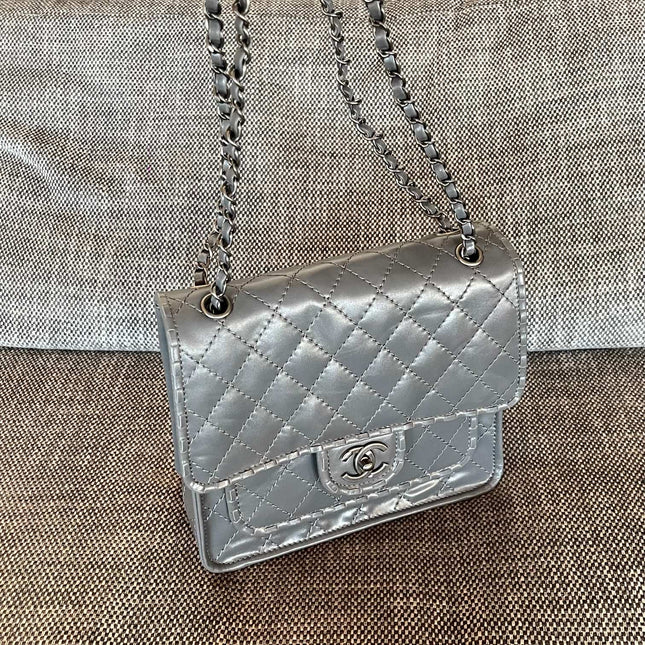 CHANEL 26S CLASSIC FLAP BAG 26 IN GREY CALFSKIN DARK SILVER HARDWARE