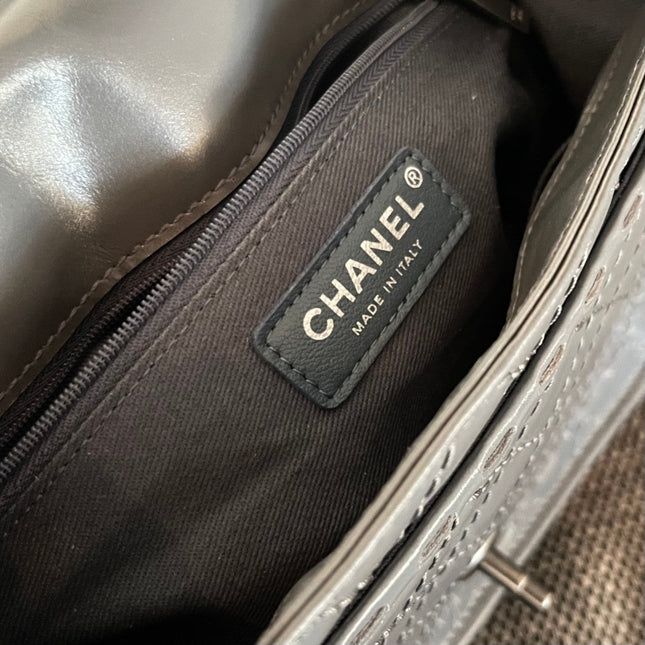CHANEL 26S CLASSIC FLAP BAG 26 IN GREY CALFSKIN DARK SILVER HARDWARE